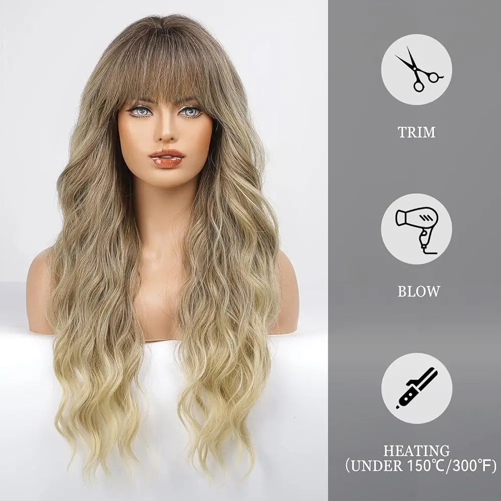 Ombre Light Brown Wigs with Bangs Blonde Highlight Long Curly Wavy Synthetic Wigs for Women Daily Cosplay Party Heat Resistant