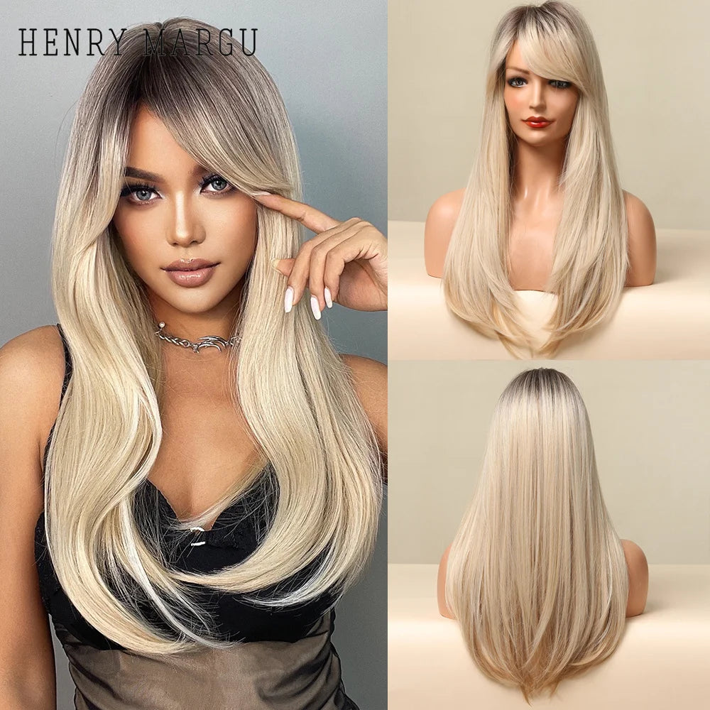 HENRY MARGU Long Natural Wavy Platinum Blonde Wigs with Bangs Cosplay Party Lolita Synthetic Wigs for Women Heat Resistant Fiber