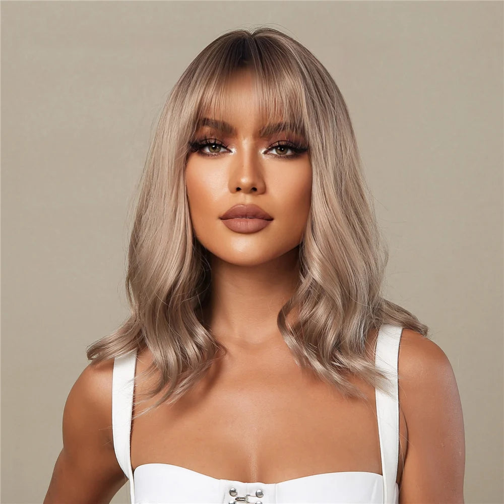 Rose Blonde Brown Short Bob Synthetic Wigs with Bangs Ash Blonde Natural Loose Wave Wig for Women Cosplay Heat Resistant Hair