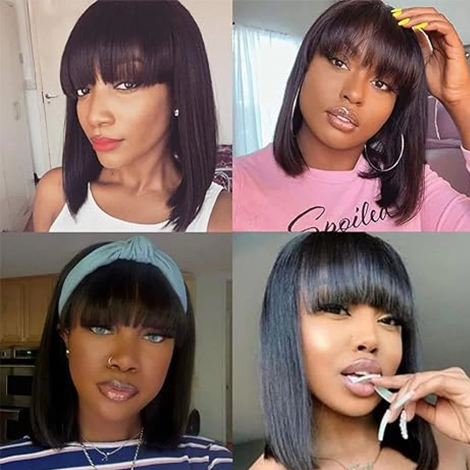 Glueless Bone Straight Short Bob Human Hair Wig With Bangs Brazilian Wigs For Black Women Ready To Wear Cheap On Sale Clearance