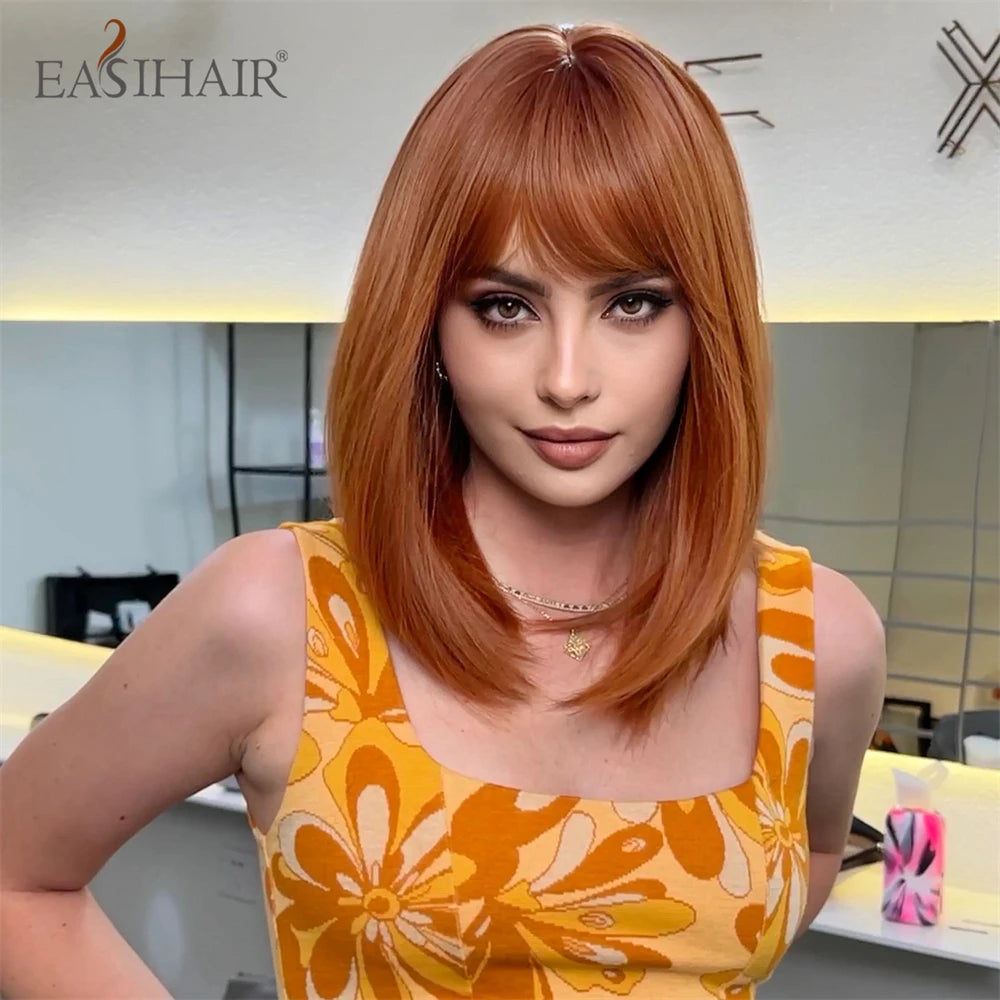 EASIHAIR Copper Ginger Synthetic Wigs with Bangs Medium Length Straight Hair Wig for Women Daily Cosplay Natural Heat Resistant