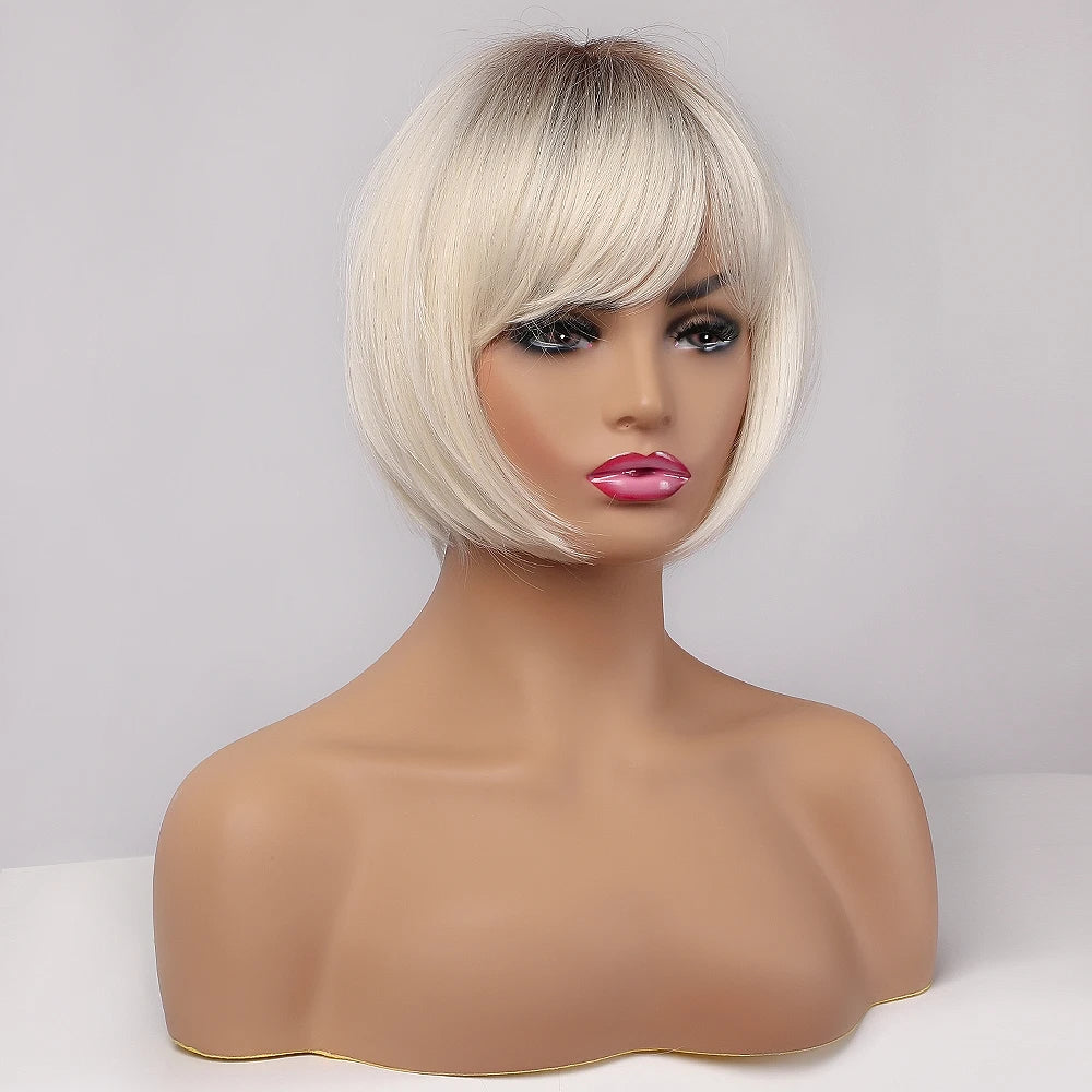 ALAN EATON Short Straight Ombre Brown Blonde Bob Wig With Bangs Synthetic Hair Wig for Women Cosplay Lolita Heat Resistant Fiber
