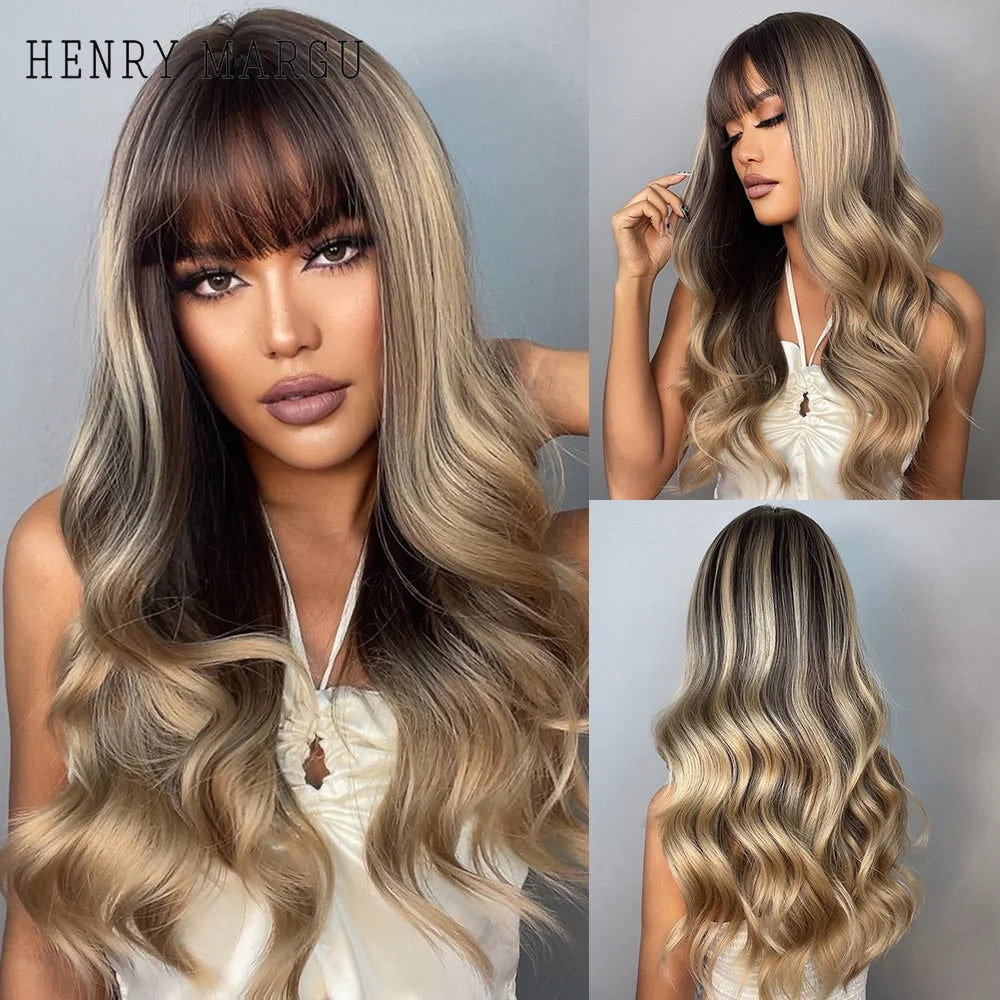 HENRY MARGU Long Wavy Brown Red Orange Wigs with Bangs Cosplay Party Heat Resistant Synthetic Hair Wigs for Black Women Afro