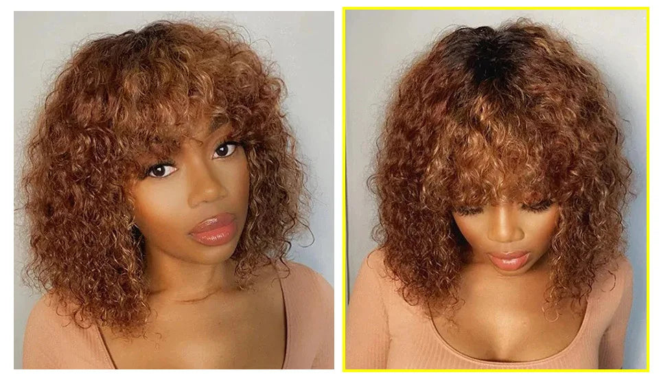 Jerry Curly Short Bob Human Hair Wigs With Bangs Wear To Go Glueless Wig Ombre 99J Water Wave Blonde Colored Wig For Women