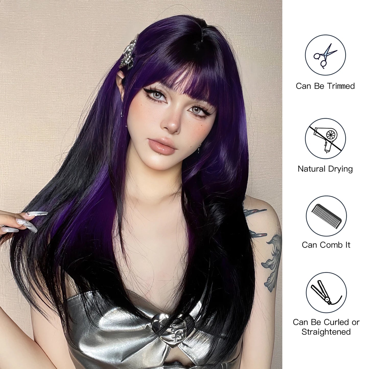 Long Straight Black Purple Synthetic Wig with Bangs Purple Ombre Cosplay Layered Wig for Women Party Heat Resistant Natural Hair