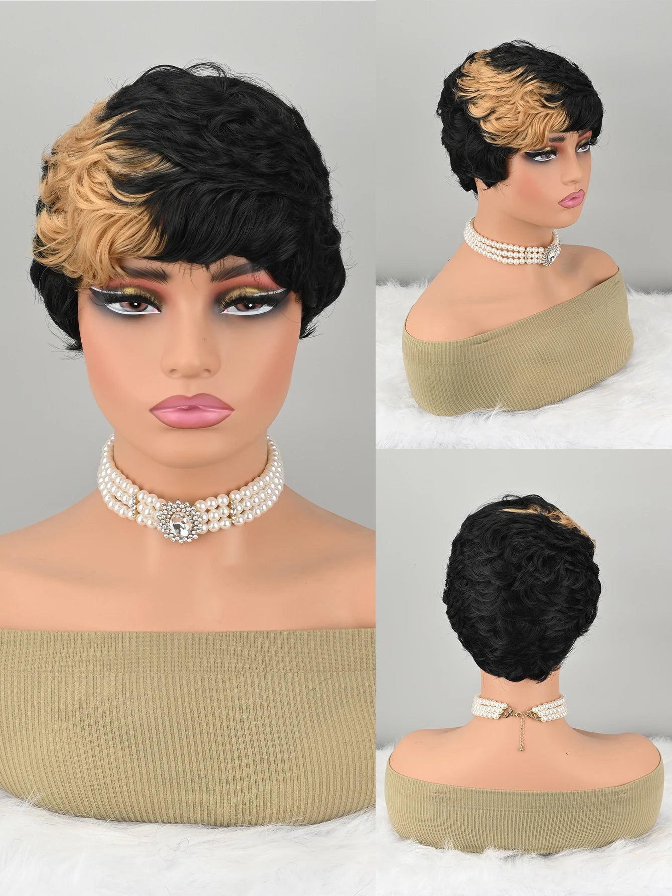 Short Bob synthetic Wig for Pixie Cut wigs Glueless Wig None Front Wig with Bangs Straight Full