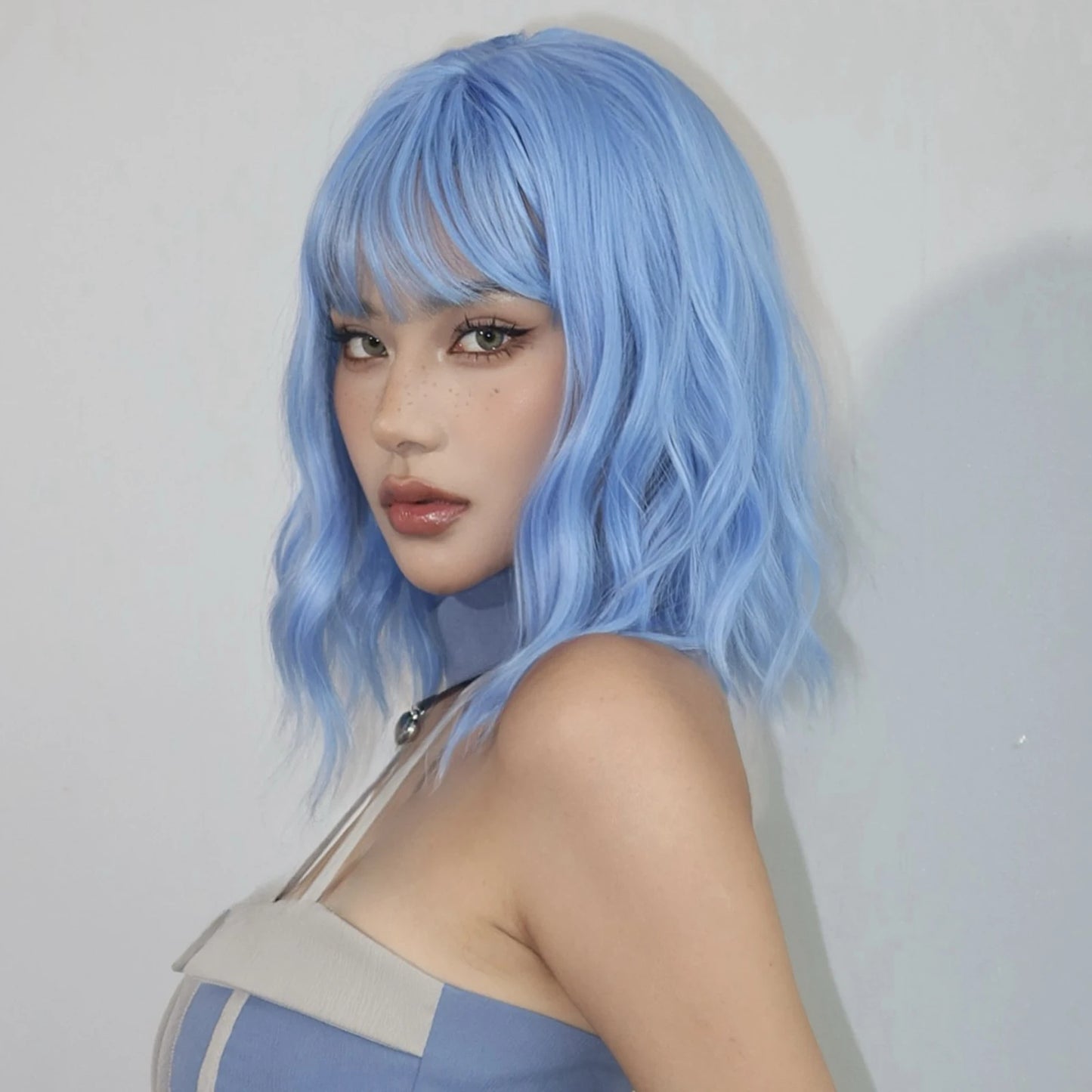 Bob Blue Curly Wavy Wigs with Bangs Short Colorful Cosplay Wigs for Women Afro Halloween DaiIy Natural Heat Resistant Fake Hair
