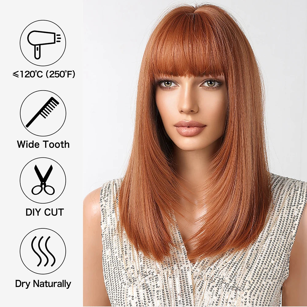 EASIHAIR Copper Ginger Synthetic Wigs with Bangs Medium Length Straight Hair Wig for Women Daily Cosplay Natural Heat Resistant