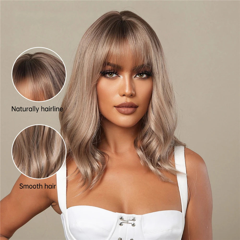 Rose Blonde Brown Short Bob Synthetic Wigs with Bangs Ash Blonde Natural Loose Wave Wig for Women Cosplay Heat Resistant Hair