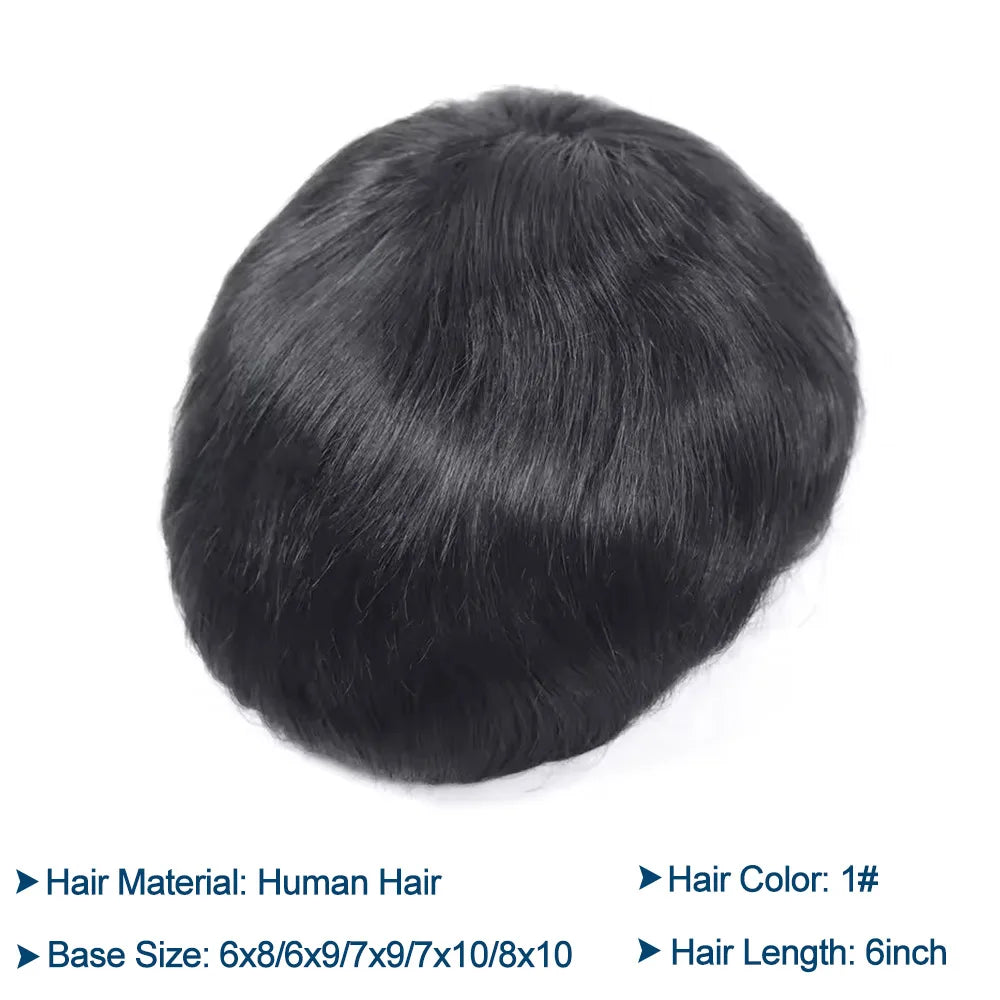 100% Human Hair Mens Capillary Prosthesis Lace with PU Toupee for Men Wig Replacement System Male Wig Hairpiece 7x9inch