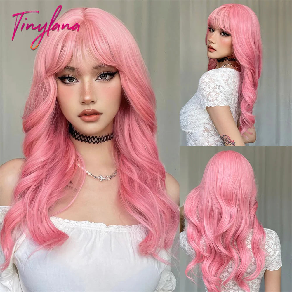 Blonde Ginger Yellow Lolita Cosplay Synthetic Wigs Long Curly Wavy Natural Hair with Bangs for Women Party Heat Resistant Wig