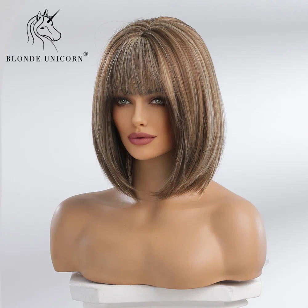BLONDE UNICORN Synthetic Wig Natural Short Bob Wig Brown Blonde Straight Hair With Bangs Daily Use For Women Heat Resistant