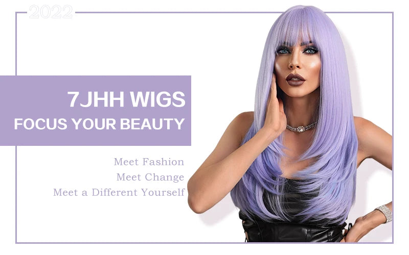 7JHH WIGS Long Wavy Purple Synthetic Wig for Women Daily Cosplay Party Natural Resistant Hair Wigs with Bangs Ombre Wigs