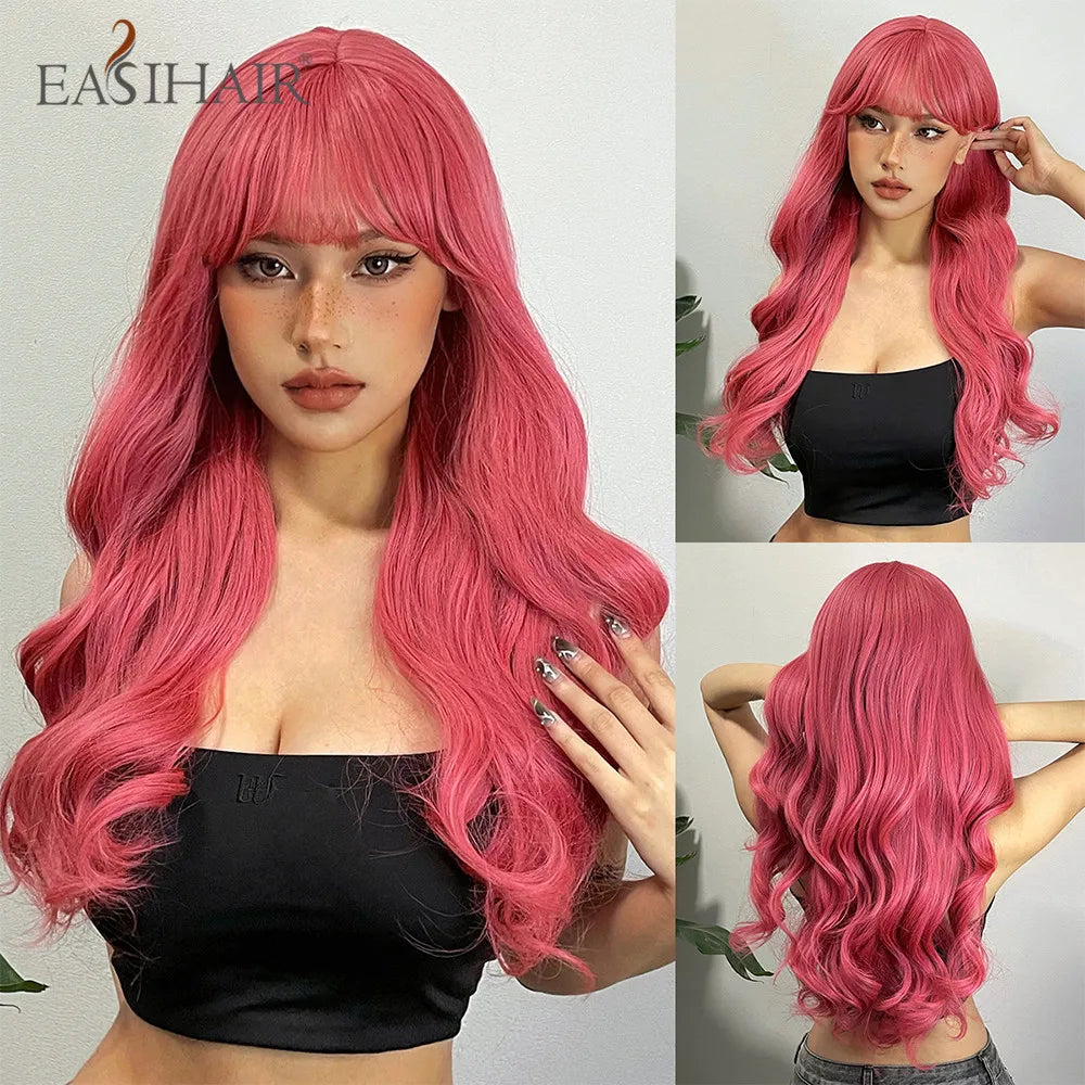 EASIHAIR Brown Black Kinky Curly Wave Synthetic Wigs with Bangs Deep Wave Long Hair Wigs for Women Daily Cosplay Heat Resistant