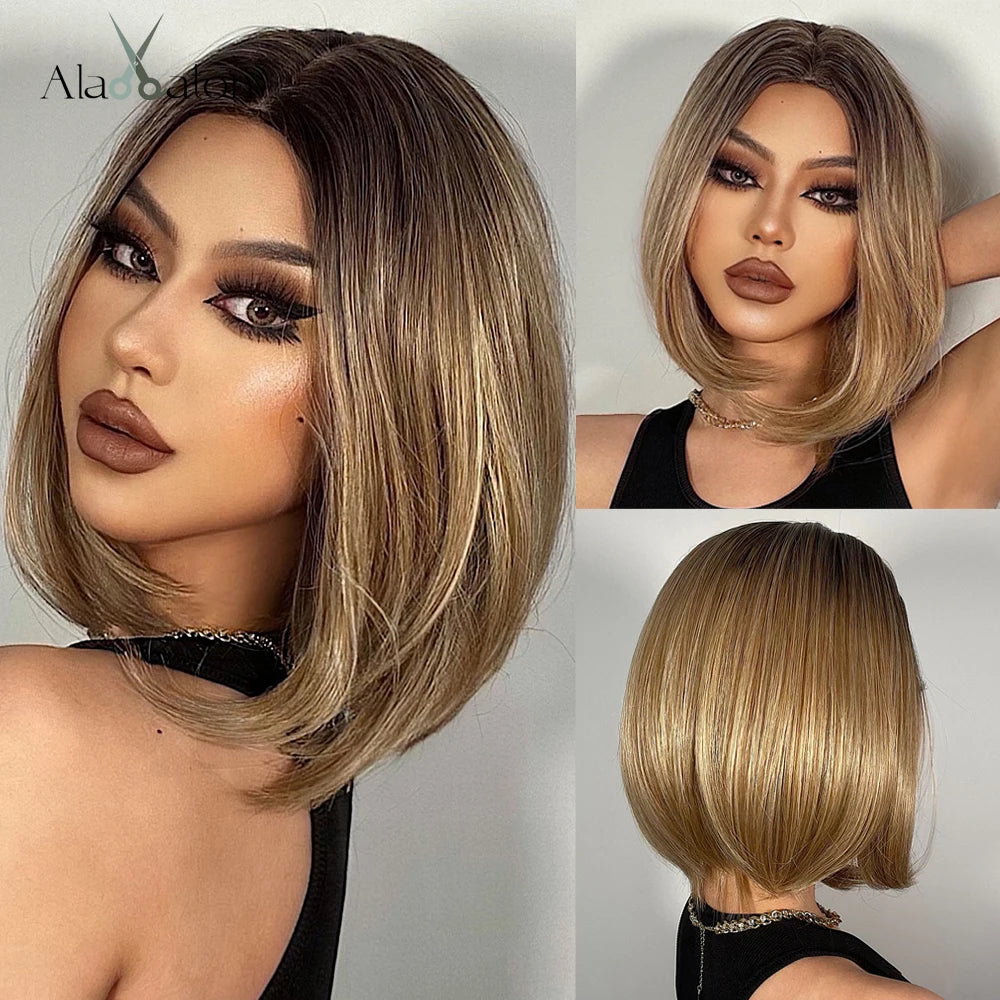 ALAN EATON Short Straight Ombre Brown Blonde Bob Wig With Bangs Synthetic Hair Wig for Women Cosplay Lolita Heat Resistant Fiber