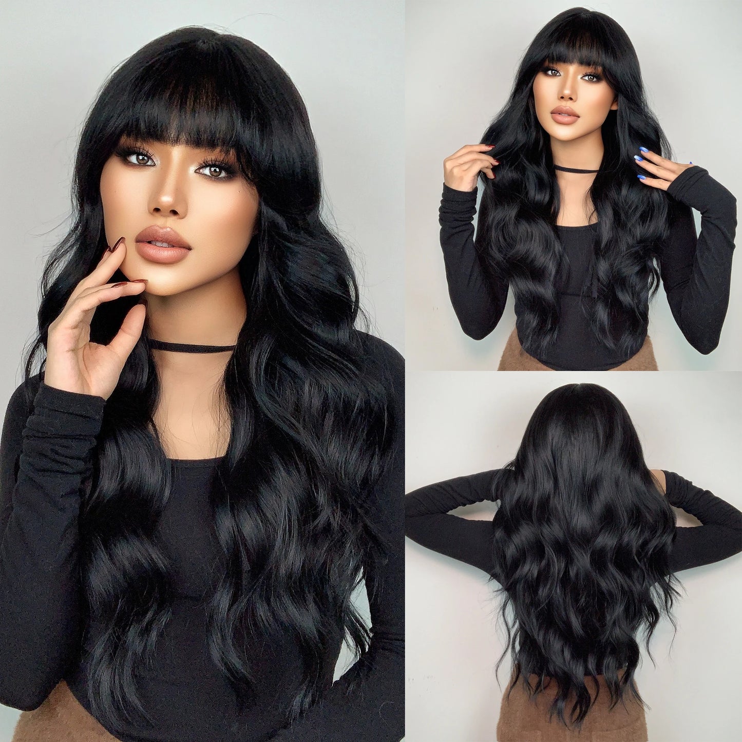 LOUIS FERRE Synthetic Black Green Ombre Long Wavy Curly Wig for Women Natural Hair With Bangs Cosplay Party Heat Resistant Wig