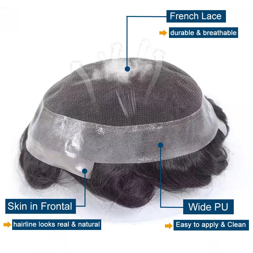 100% Human Hair Mens Capillary Prosthesis Lace with PU Toupee for Men Wig Replacement System Male Wig Hairpiece 7x9inch