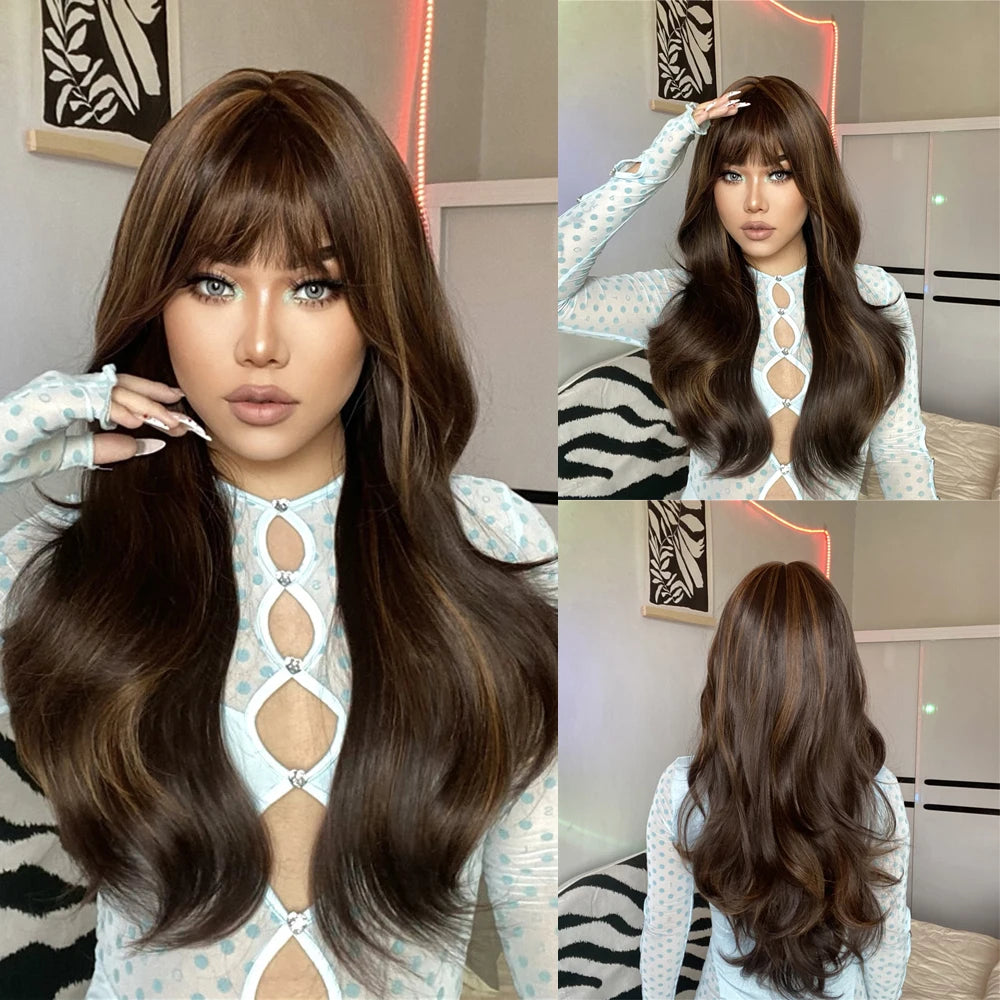 ALAN EATON Ombre Blonde Brown Wave Synthetic Wig Long Natural Looking Hair Wigs with Bangs for Women Daily Heat Resistant Fiber