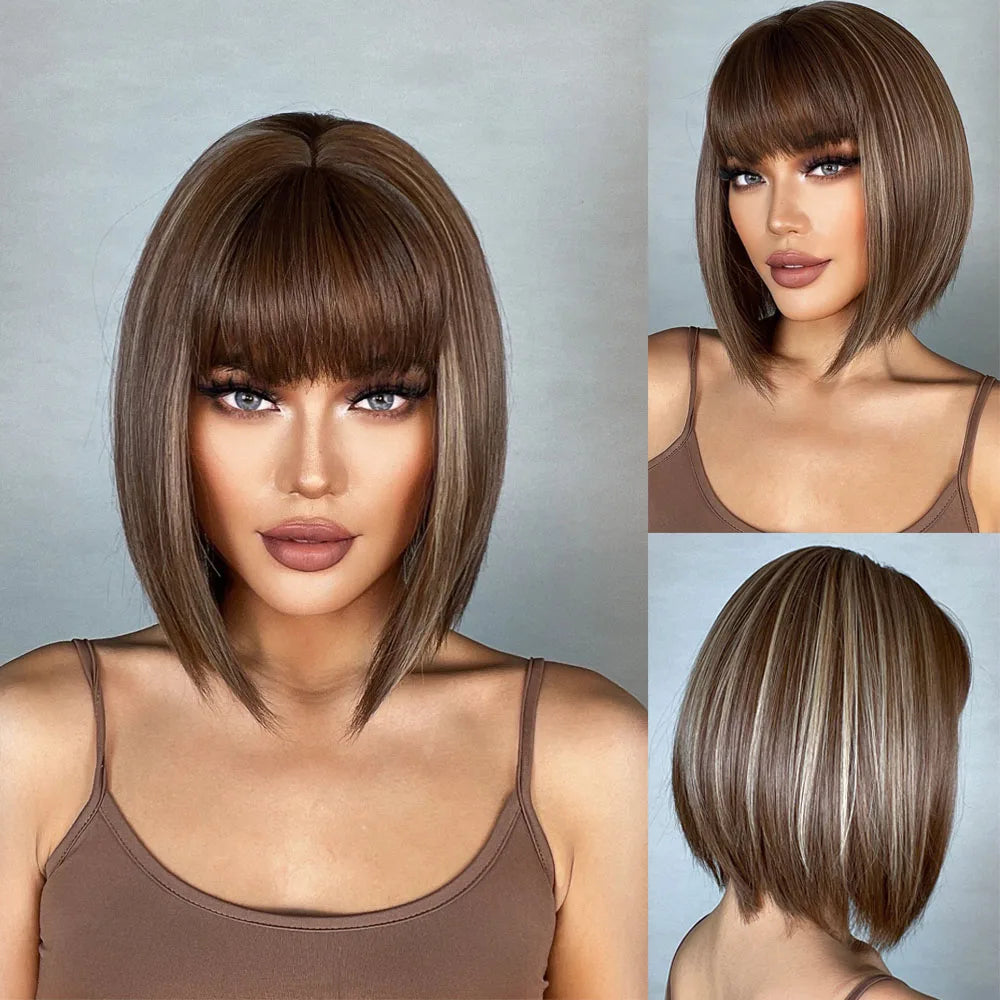 HENRY MARGU Brown Short Bob Straight Wigs with Pink Highlight Women Brown Daily Wig Synthetic Hair Wig with Bangs Heat Resistant