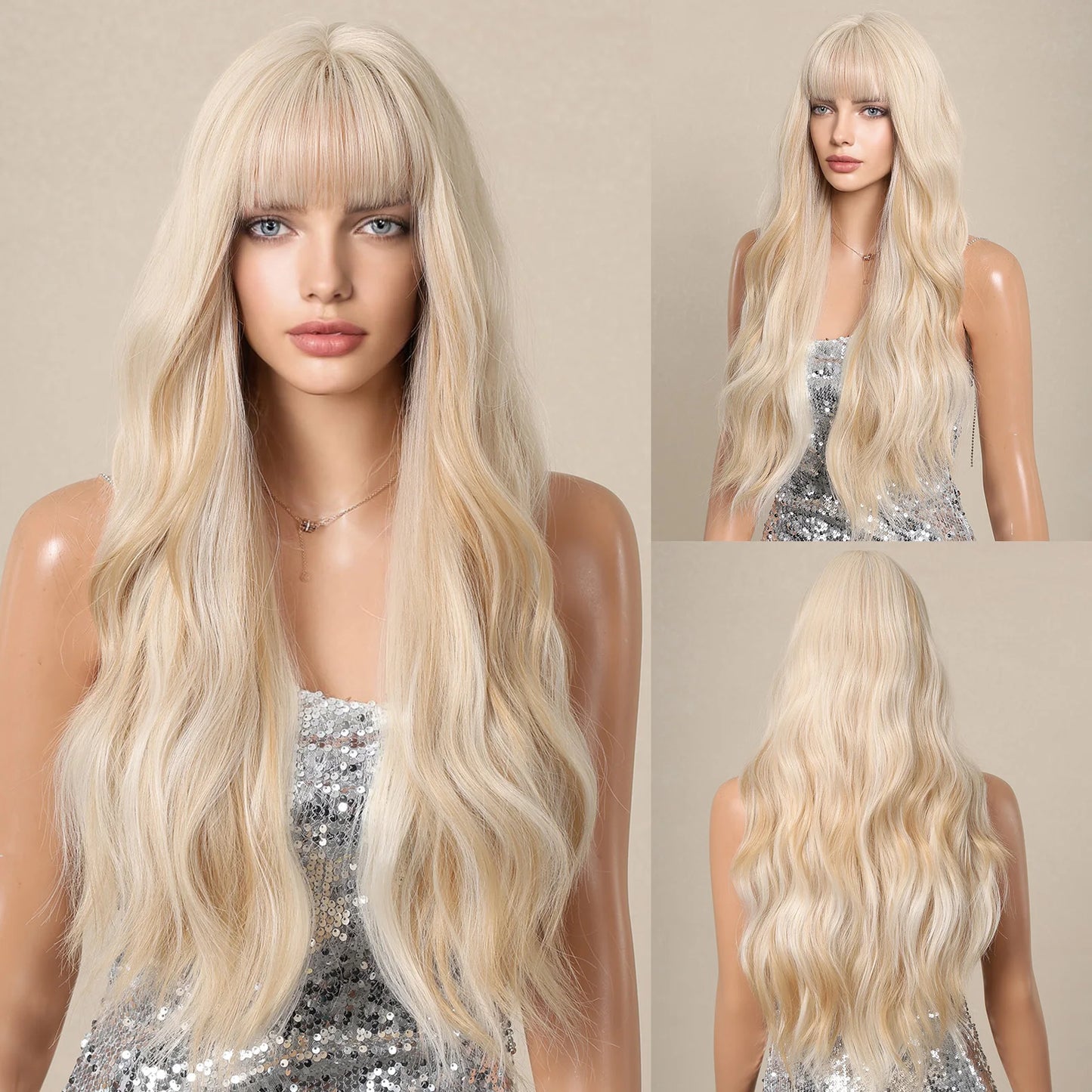 Long Curly White Platinum Synthetic Wigs with Bangs for Women Afro Cosplay Lolita Wavy Wig Natural Hair Heat Reisitant Daily Use