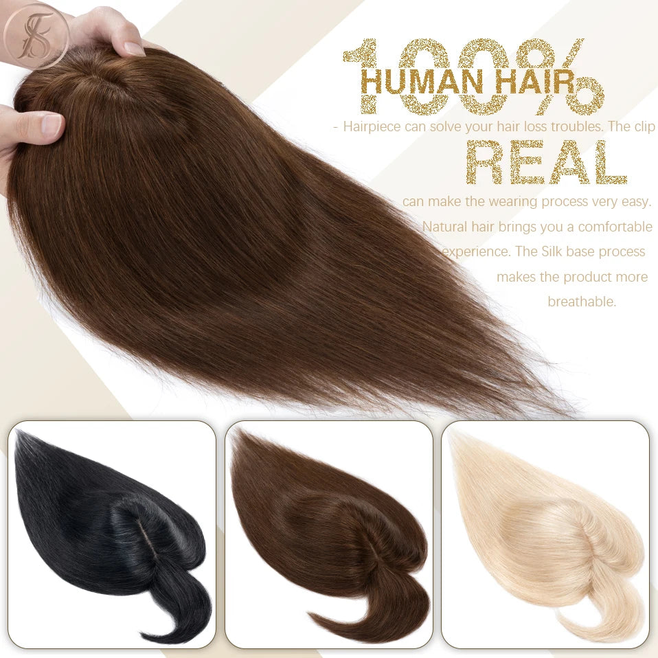 TESS Women Topper 7x12.5cm Hair Toppers With Bangs Hair Clips Natural Hair Wigs 100% Human Hair Silk Base Clip In Hair Extension