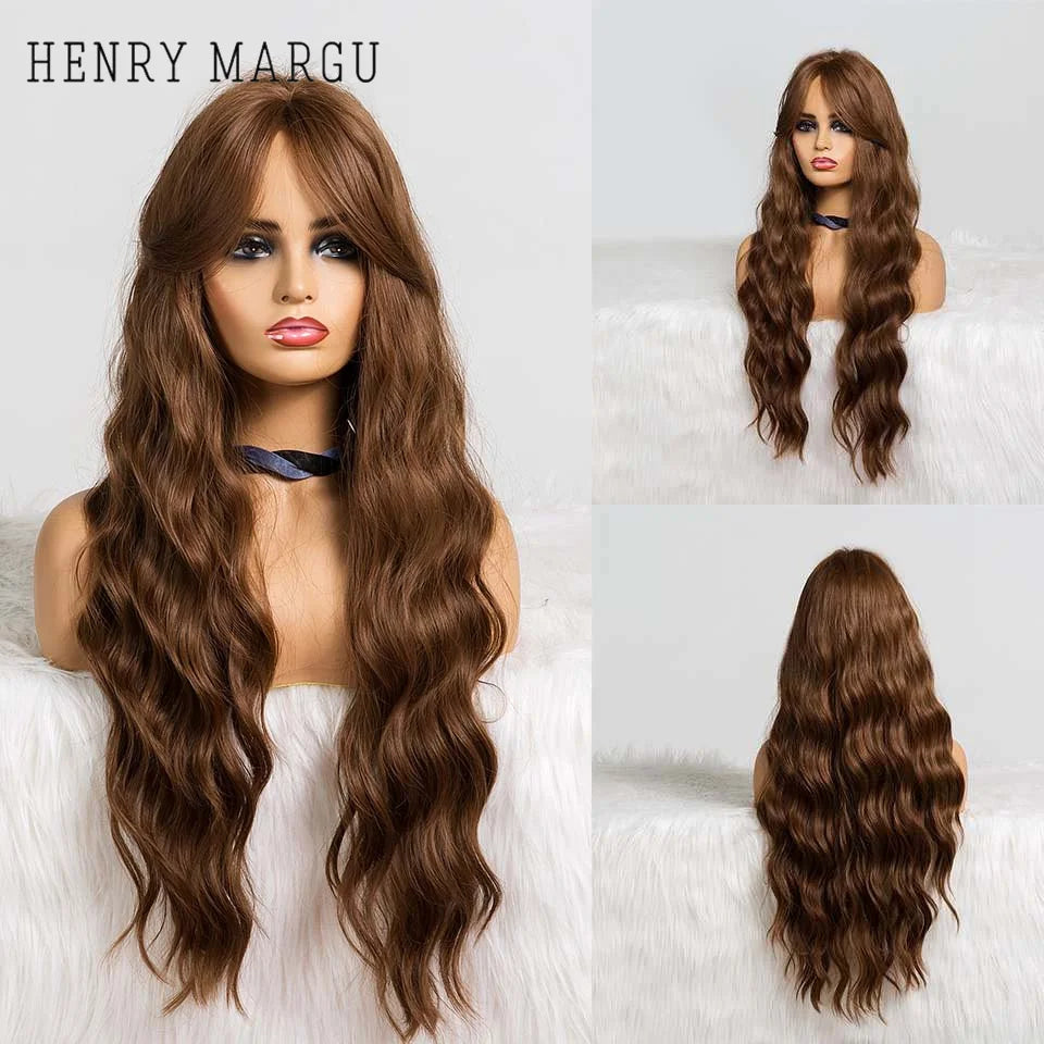 HENRY MARGU Long Wavy Brown Red Orange Wigs with Bangs Cosplay Party Heat Resistant Synthetic Hair Wigs for Black Women Afro