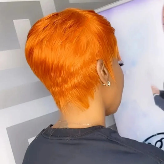 350# Orange Multicolor Pixie Cut Wigs with Bangs Layered Straight Human Hair Wig for Women 350# Natural Mixed Colors Full Machin