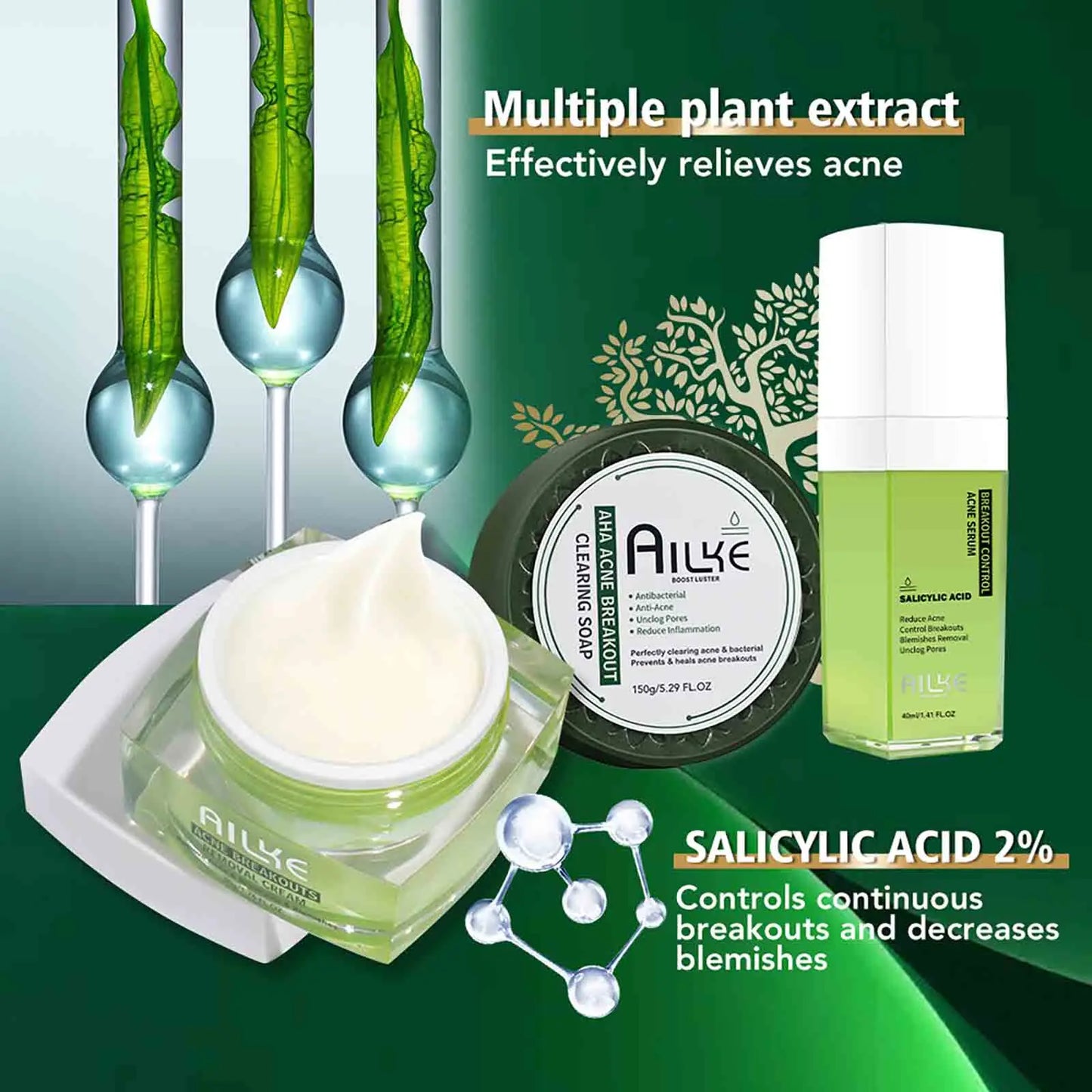 AILKE Organic Anti-Acne Cleansing Face Care Set, Smooth Skin, Reduce Pimples, Spots, Prevent Breakout