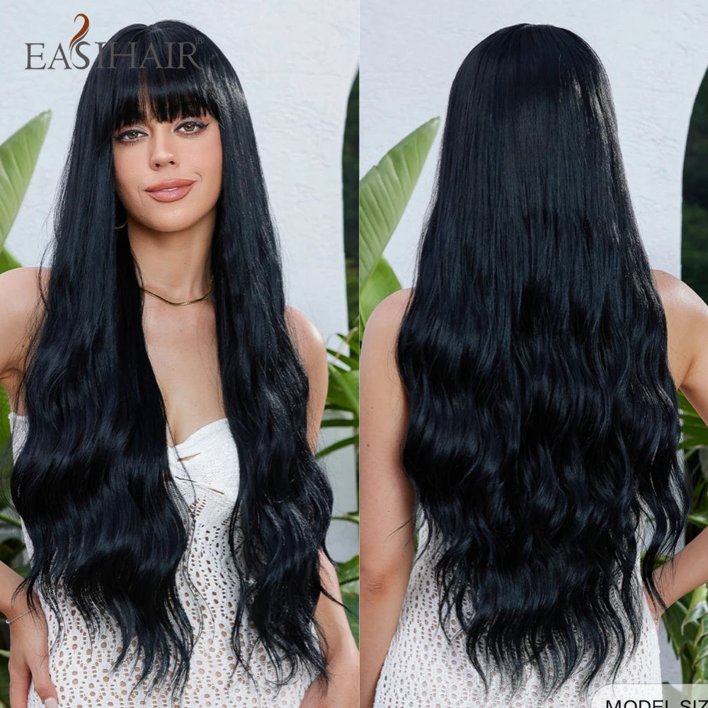 Dark Brown Synthetic Wigs with Bangs Long Curly Wavy Brown Wigs with Blonde Highlights for Afro Women Daily Party Heat Resistant