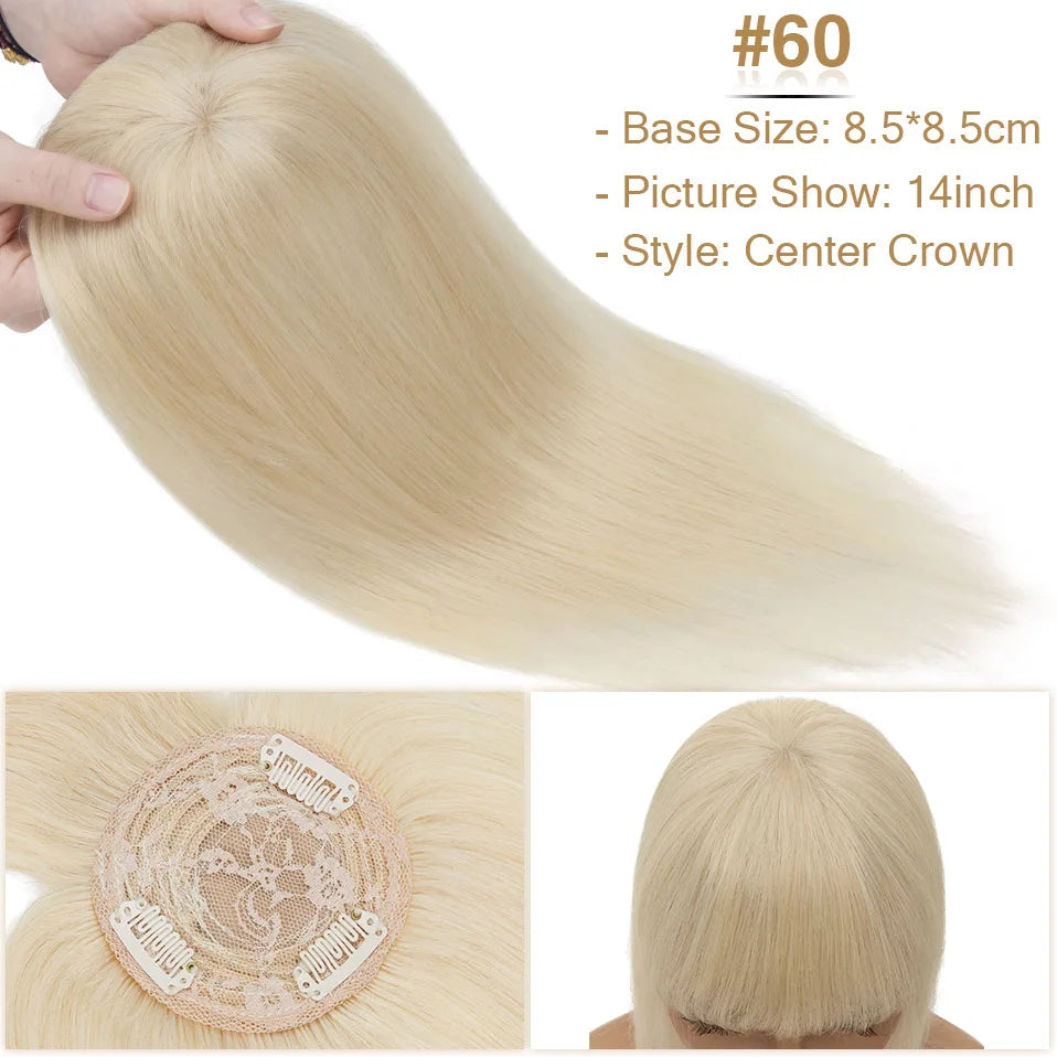 S-noilite 8.5x8.5cm Hair Topper Human Hair Cilp Center Crown Wig With Bangs Clip In Natural Hair Extension Hair Vortex Hairpiece