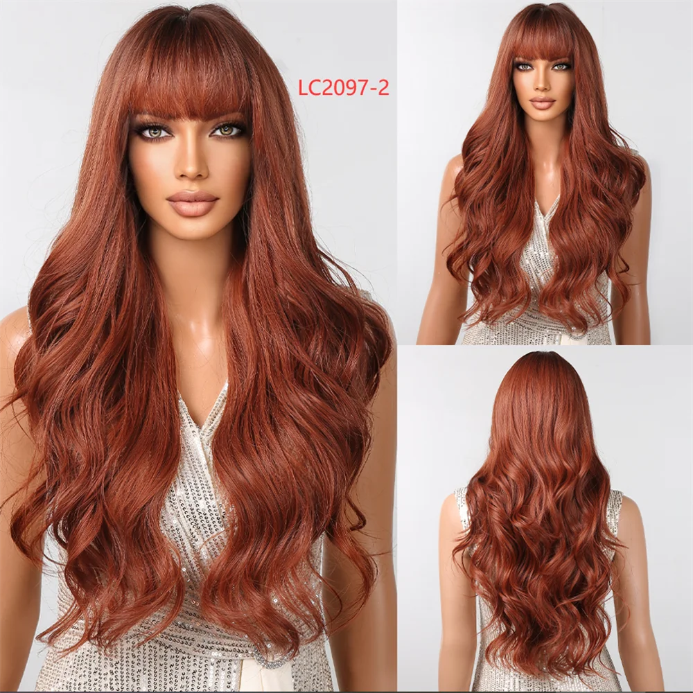 Orange Copper Red Yellow Synthetic Wigs Long Wavy Ginger Wig with Bangs for Women Natural Cosplay Body Wave Heat Resistant Hair