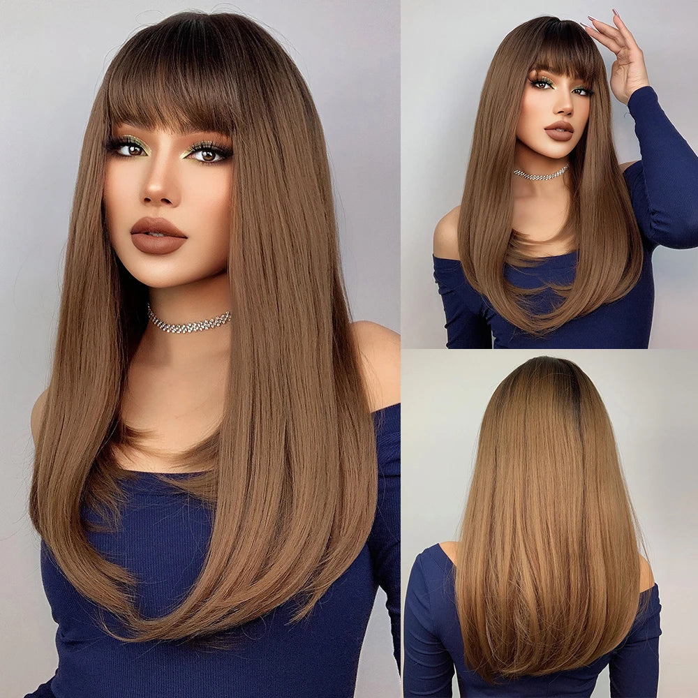 HENRY MARGU Long Straight Synthetic Wigs with Bangs Brown Red Copper Ginger Machine Made Wig for Women Cosplay Heat Resistant