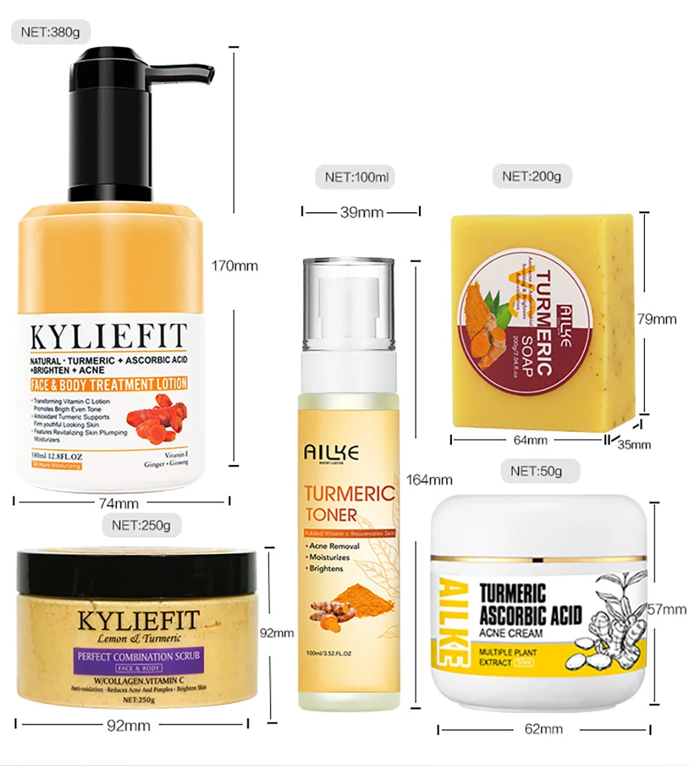 Organic Turmeric Skin Care Kit, Brighten, Remove Darkness, Spots, Acne, Lighten, Hydration, Exfoliate, Even Skin Tone,