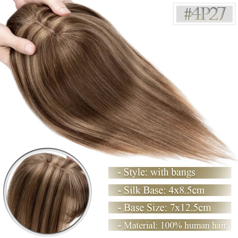 TESS Women Topper 7x12.5cm Hair Toppers With Bangs Natural Hair Wig Human Hair Silk Base Center Part Hair Clip In Hair Extension