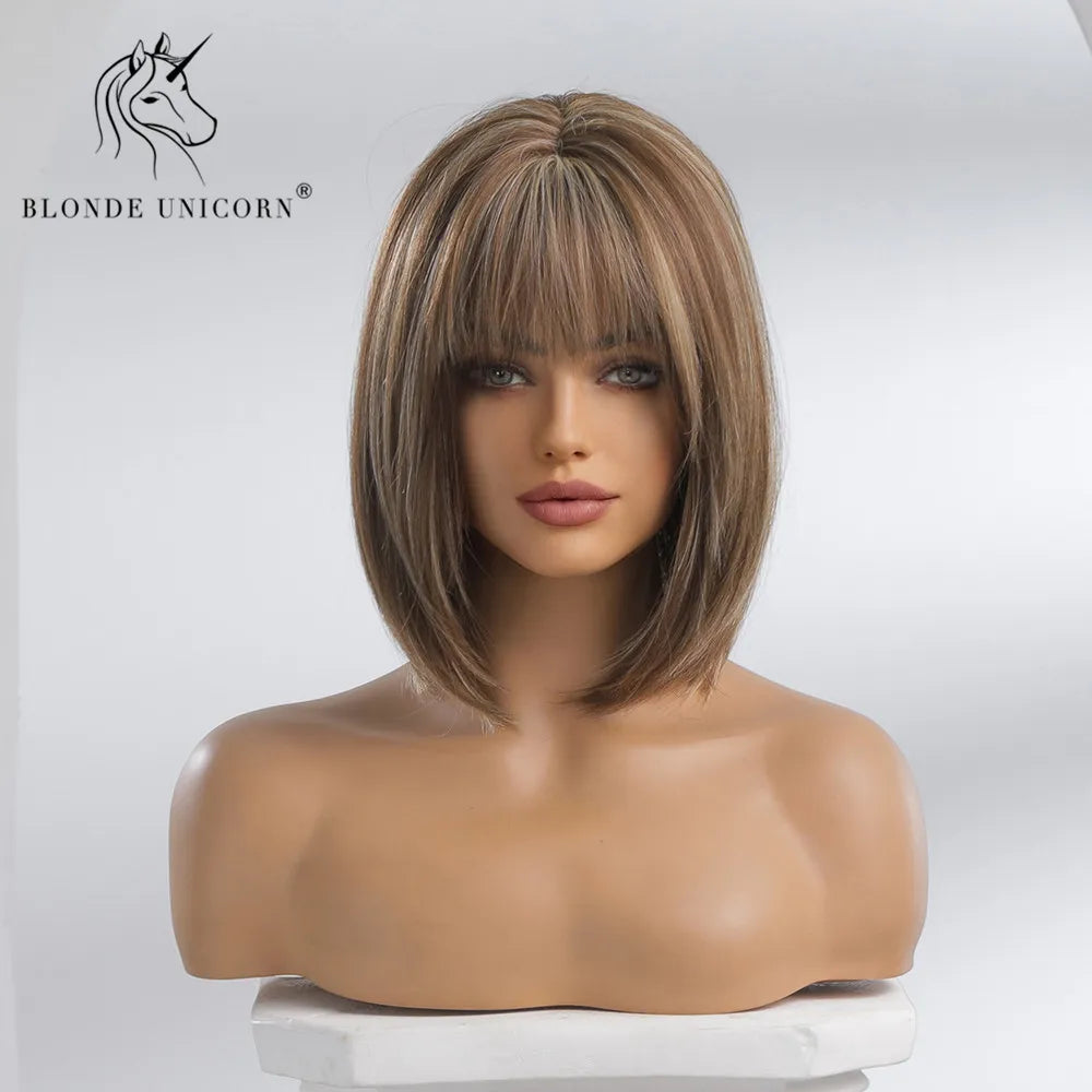 BLONDE UNICORN Synthetic Wig Natural Short Bob Wig Brown Blonde Straight Hair With Bangs Daily Use For Women Heat Resistant