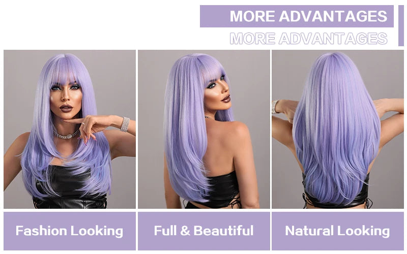 7JHH WIGS Long Wavy Purple Synthetic Wig for Women Daily Cosplay Party Natural Resistant Hair Wigs with Bangs Ombre Wigs