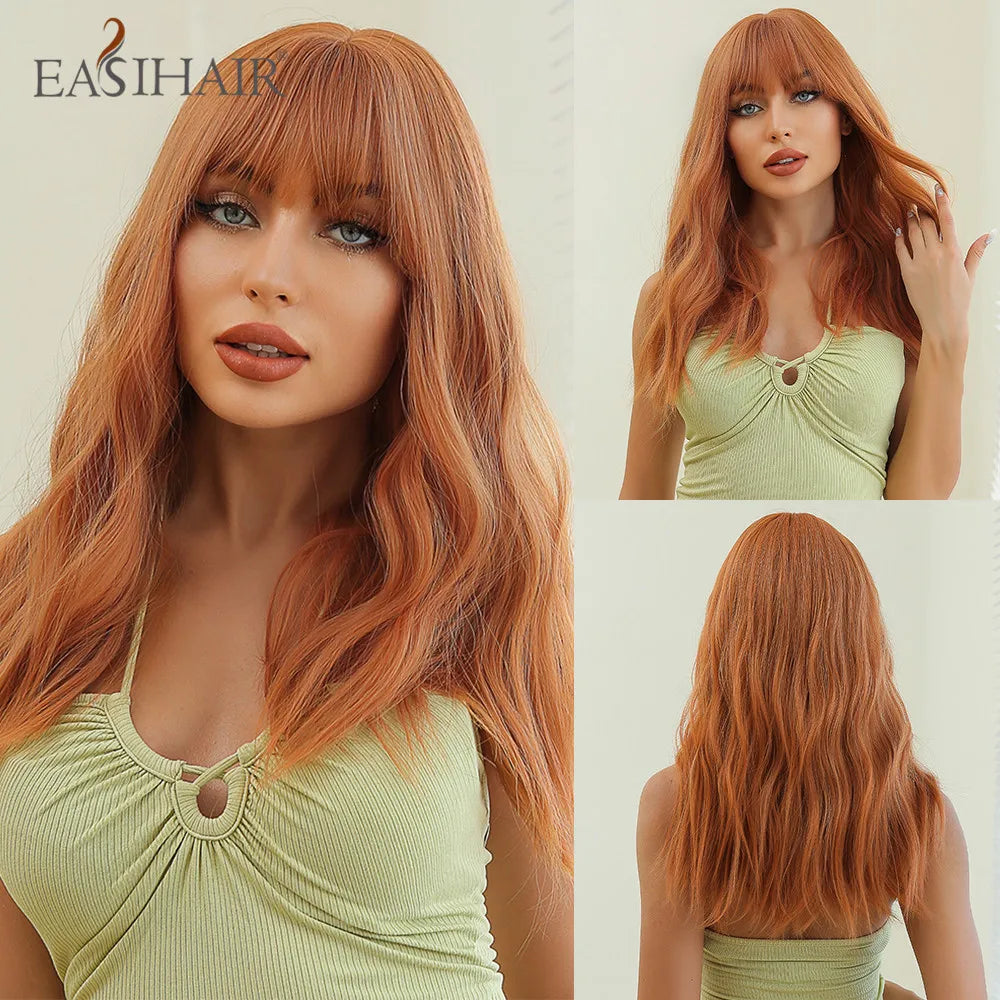 EASIHAIR Copper Ginger Synthetic Wigs with Bangs Medium Length Straight Hair Wig for Women Daily Cosplay Natural Heat Resistant