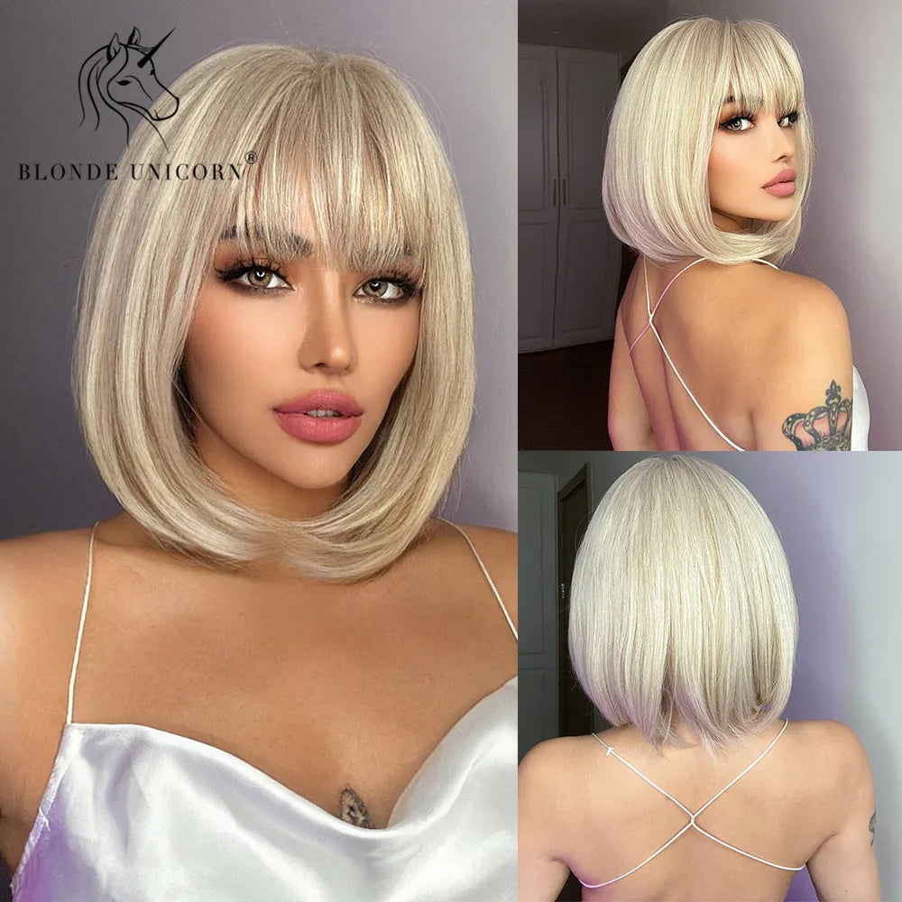 BLONDE UNICORN Synthetic Wig Natural Short Bob Wig Brown Blonde Straight Hair With Bangs Daily Use For Women Heat Resistant