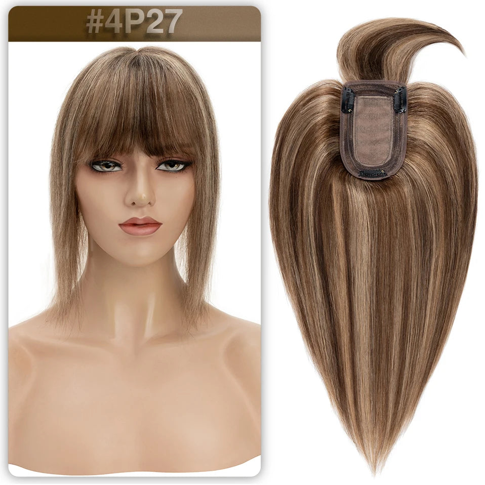 S-noilite Women Toppers Hair With Bangs Human Hair 7x13cm Silk Base Hair Cilp Wig Clip In Hair Extensions Hairpiece Natutal Hair