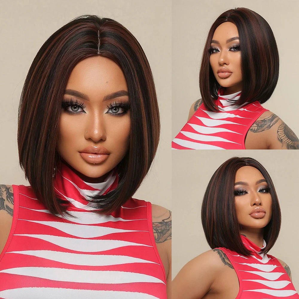 ALAN EATON Platinum Blonde Synthetic Wigs for Women Hihlight Short Straight Bob Wig with Bangs Daily/Party Hair Heat Resisitant