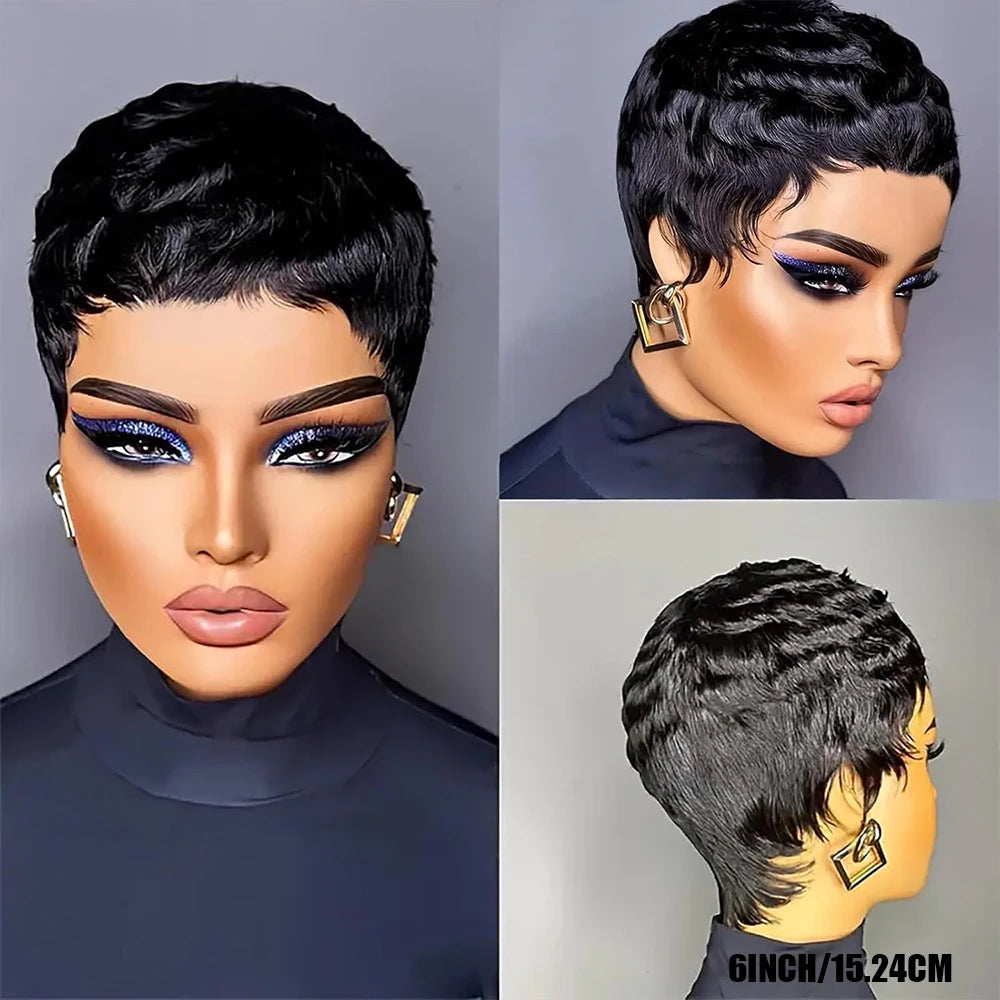 Short Pixie Cut Straight Human Hair Wig Machine Made with Pre-Styled Bangs Tangle-Free Natural Hairline for Women