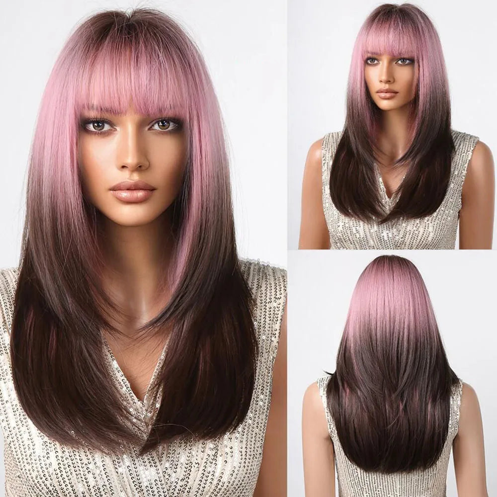 HENRY MARGU Ombre Red to Black Synthetic Wigs with Bangs Long Straight Layered Wig Colored Party Heat Resistant Hair for Women