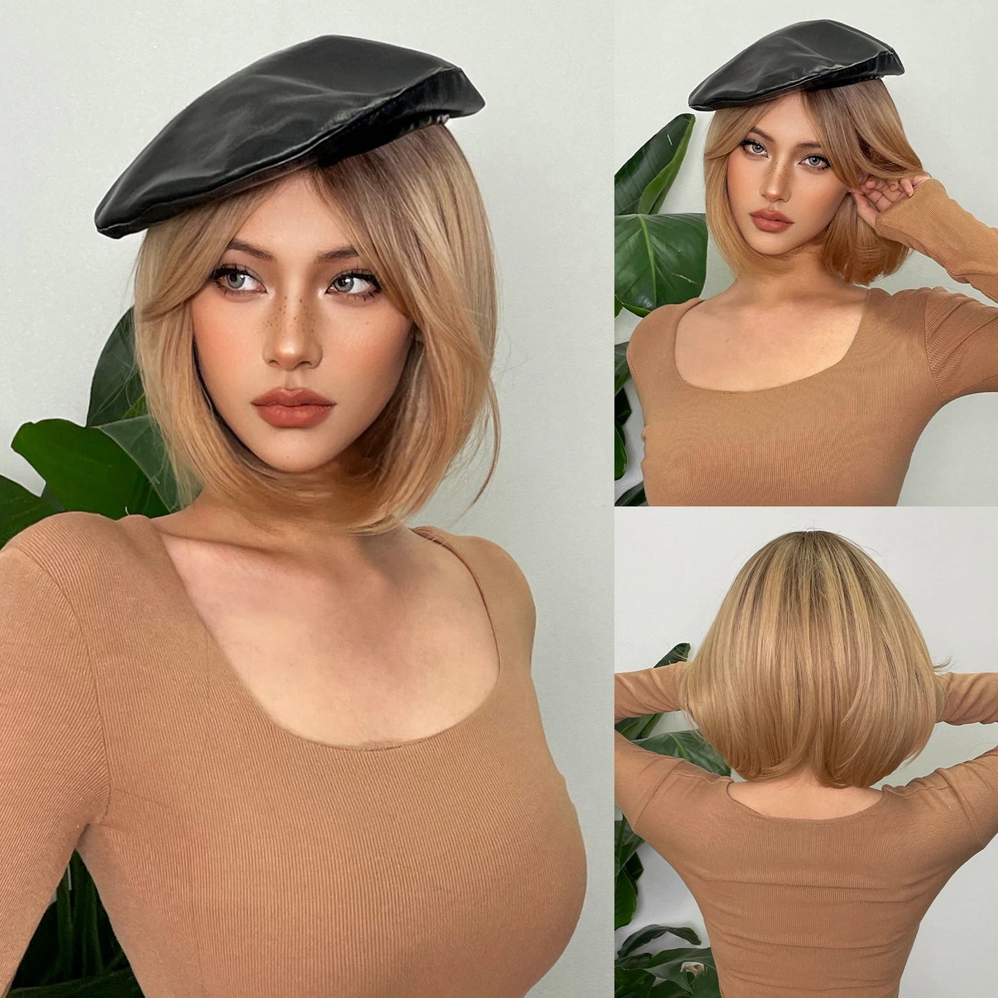 HENRY MARGU Ombre White Blonde Bob Synthetic Wig Short Straight with Bangs Natural Hair Wig for Women Cosplay Wig Heat Resistant