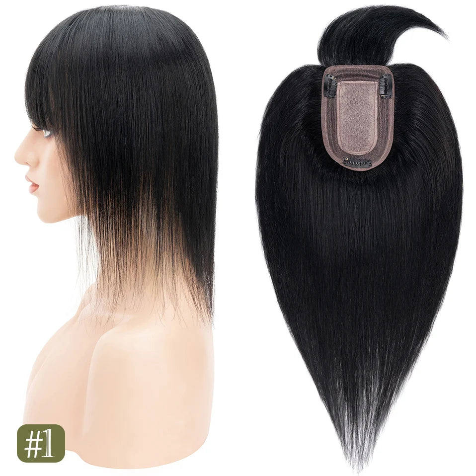 TESS Women Topper 7x12.5cm Hair Toppers With Bangs Natural Hair Wig Human Hair Silk Base Center Part Hair Clip In Hair Extension
