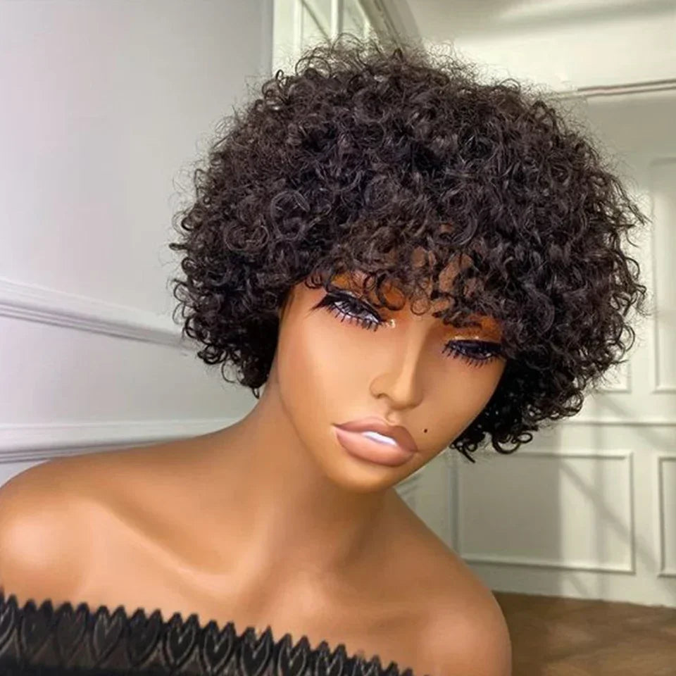 Brazilian Afro Puff Pixie Bob Wig 99J Natural Brown Full Machine Made Pre-Plucked Bangs 100% Human Hair For Black Women