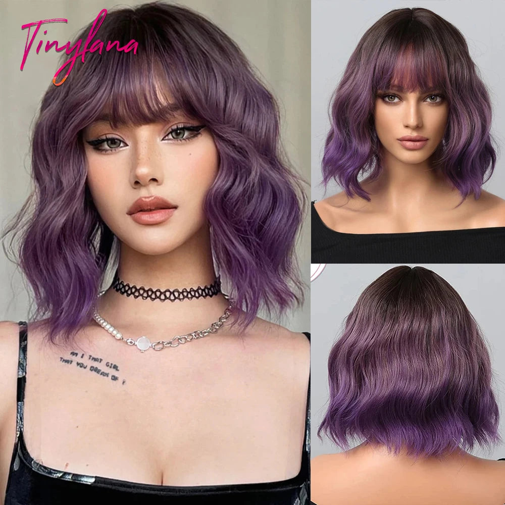 Gray Purple Pink Short Bob Synthetic Wigs with Bangs Curly Cosplay Ombre Wig for Women Afro Natural Wave Heat Resistant Hair