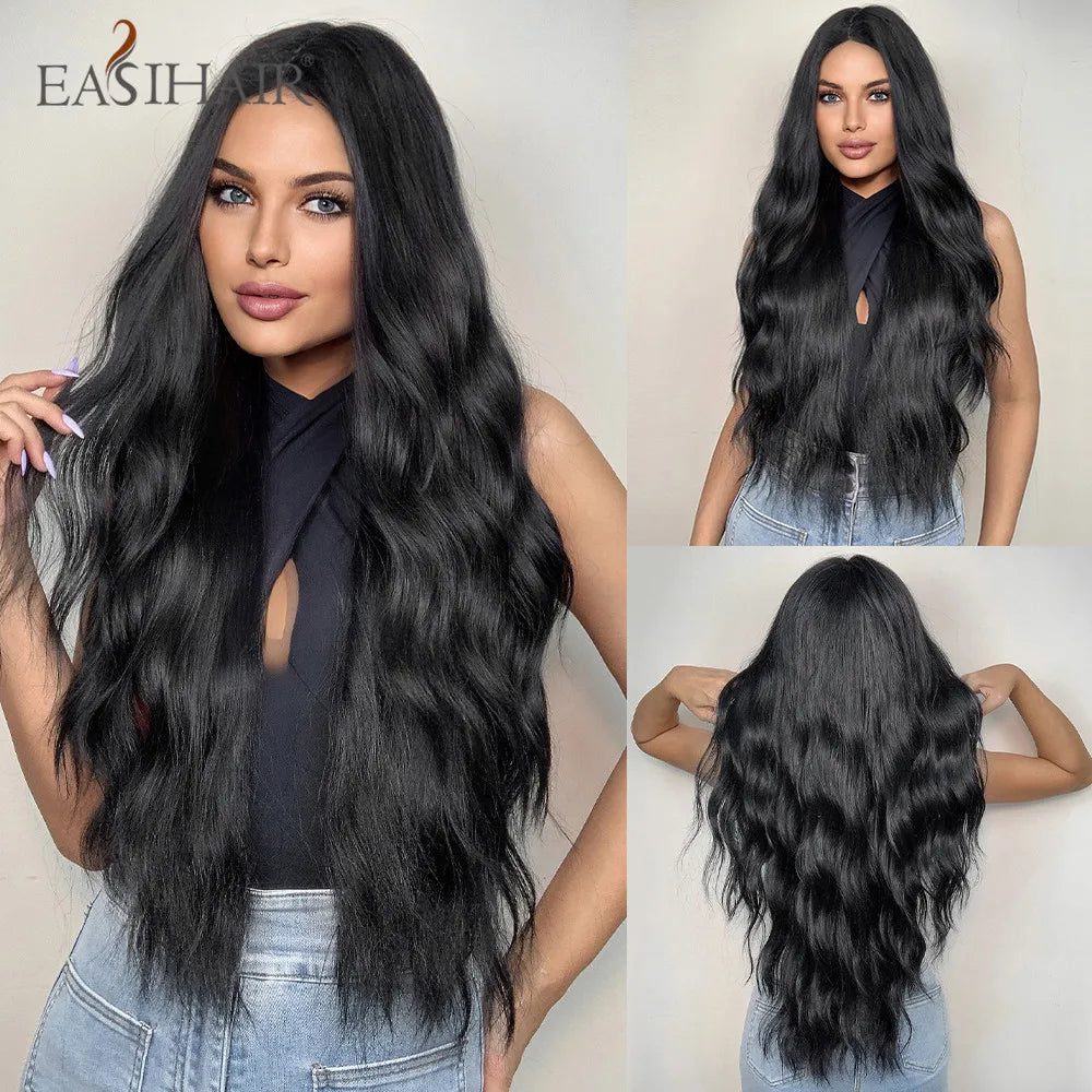 EASIHAIR Brown Black Kinky Curly Wave Synthetic Wigs with Bangs Deep Wave Long Hair Wigs for Women Daily Cosplay Heat Resistant