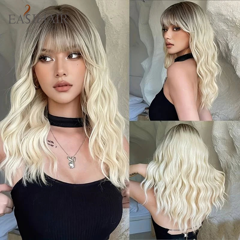 Dark Brown Synthetic Wigs with Bangs Long Curly Wavy Brown Wigs with Blonde Highlights for Afro Women Daily Party Heat Resistant