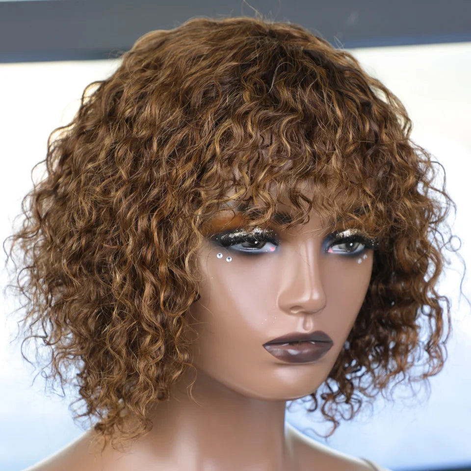 Jerry Curly Short Bob Human Hair Wigs With Bangs Wear To Go Glueless Wig Ombre 99J Water Wave Blonde Colored Wig For Women