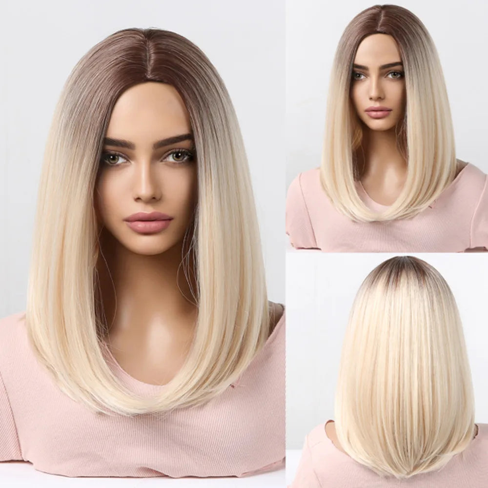 HENRY MARGU Brown Short Bob Straight Wigs with Pink Highlight Women Brown Daily Wig Synthetic Hair Wig with Bangs Heat Resistant